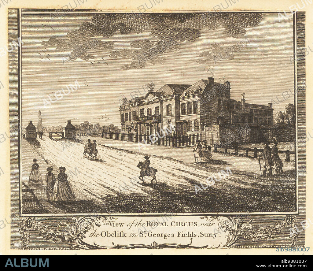 View of the Royal Circus, Southwark, 18th century. Equestrian performer Charles Hughes built the Royal Circus and Equestrian Philharmonic Academy in St. Georges Fields in 1782. The obelisk was designed by architect Robert Mylne. Copperplate engraving from William Thorntons New, Complete and Universal History of the City of London, Alexander Hogg, King's Arms, No. 16 Paternoster Row, London, 1784.