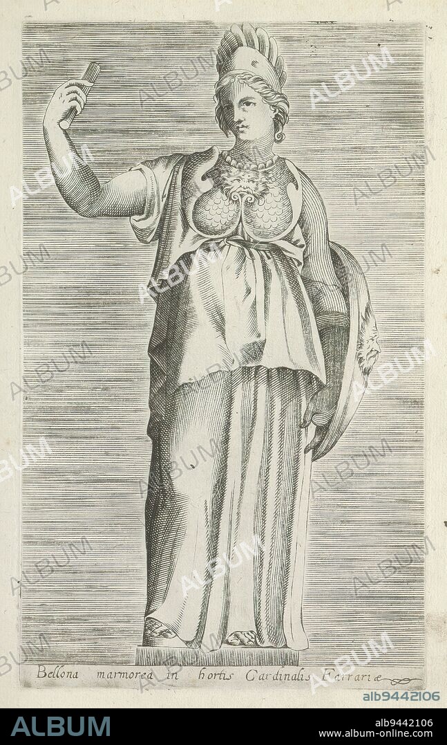 Sculpture of Bellona, Bellona marmorea in hortis cardinalis Farrariae (title on object), Antique sculptures in Rome (series title), Antiquarum statuarum urbis Romae quae in publicis locis visuntur icones (series title), Caption in Latin. Print is part of an album., print maker: anonymous, publisher: Andrea Vaccari, print maker: Italy, publisher: Rome, 1584, paper, engraving, height 222 mm × width 134 mm.