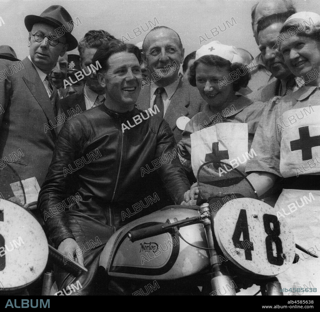 Geoff Duke on Norton with nurses after race in 1951. Album