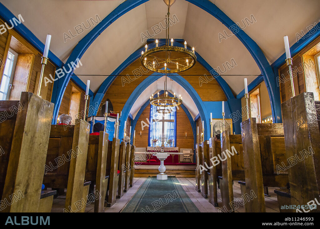 Inuit village church, Ittoqqortoormiit, Scoresbysund, Northeast Greenland, Polar Regions.