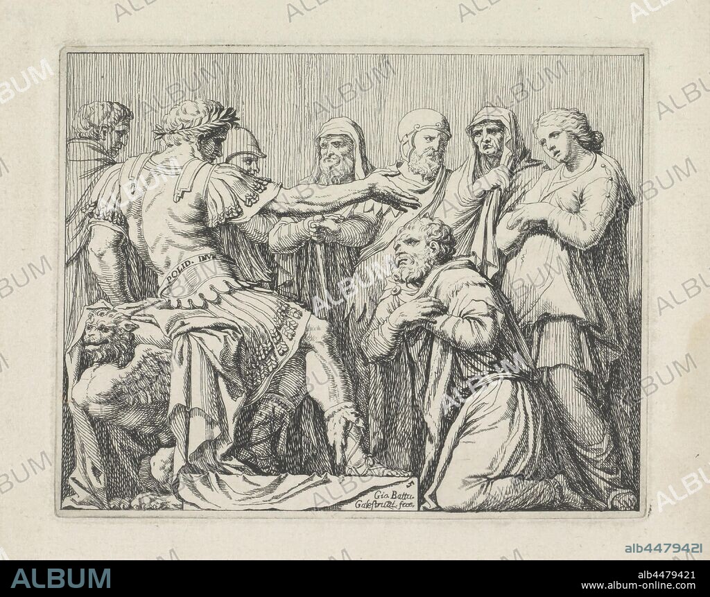The family of Darius for Alexander Scenes from Roman history (series title), Darius is kneeling for Alexander the Great. Behind Darius are his wife and daughter. Darius asks Alexander to release his family. The servants and soldiers of Alexander are present as spectators., Darius 'family kneels before Alexander, who requests Sisigambis, Darius' mother, to rise, Giovanni Battista Galestruzzi (mentioned on object), 1625 - 1669, paper, etching, h 115 mm × w 145 mm.