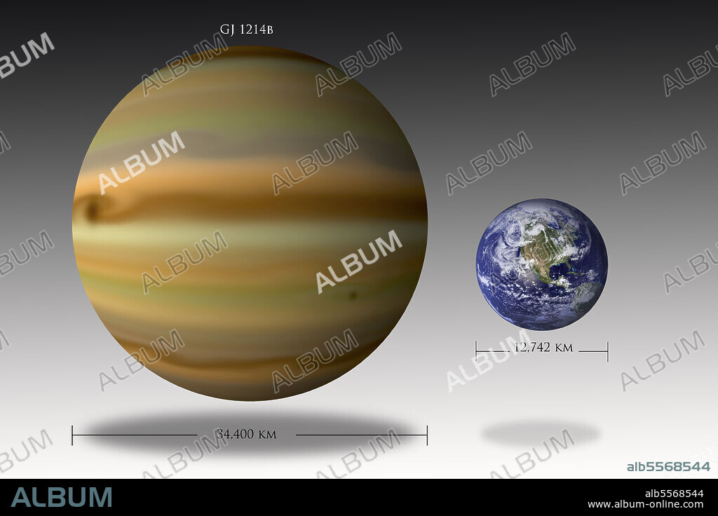 Artist's depiction of the size relationship between Earth and GJ 1214b, also known as Gliese 1214b. Discovered in 2009 in the constellation Ophiuchus, some 40 light-years from earth.