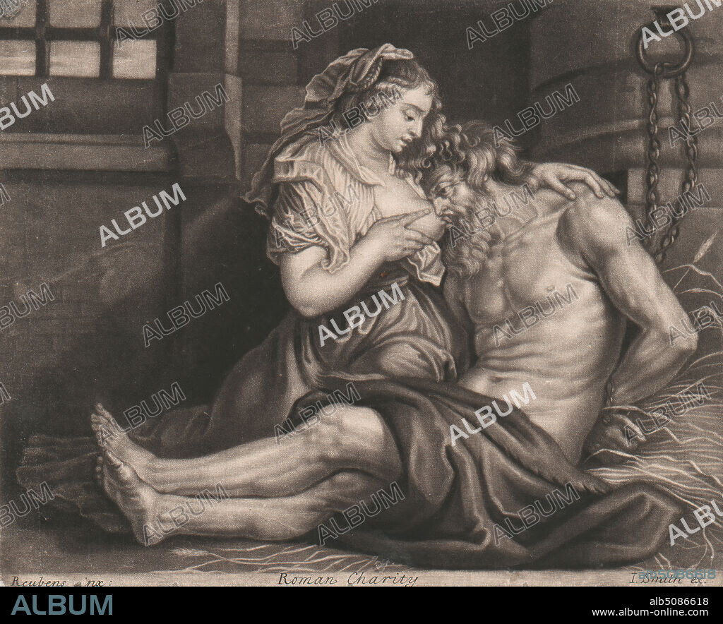 Roman Charity, Print made by John Smith, 16521743, British, after Sir Peter Paul Rubens, 15771640, Flemish, undated, Mezzotint on medium, slightly textured, cream, laid paper, Sheet: 7 × 8 11/16 inches (17.8 × 22.1 cm) and Image: 6 13/16 × 8 5/8 inches (17.3 × 21.9 cm).