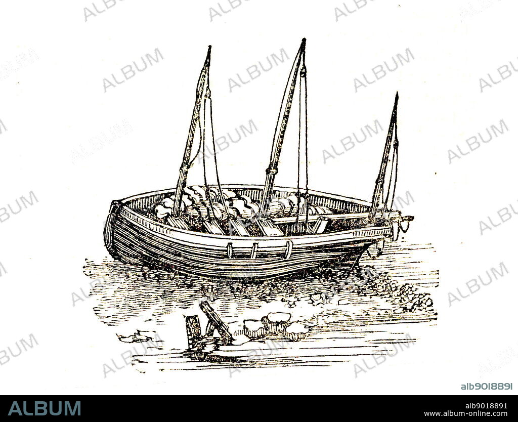 Illustration depicting a Yawl, a two-masted fore-and-aft-rigged sailing boat with the mizzenmast stepped far aft so that the mizzen boom overhangs the stern, fishing boat. Dated 19th Century.