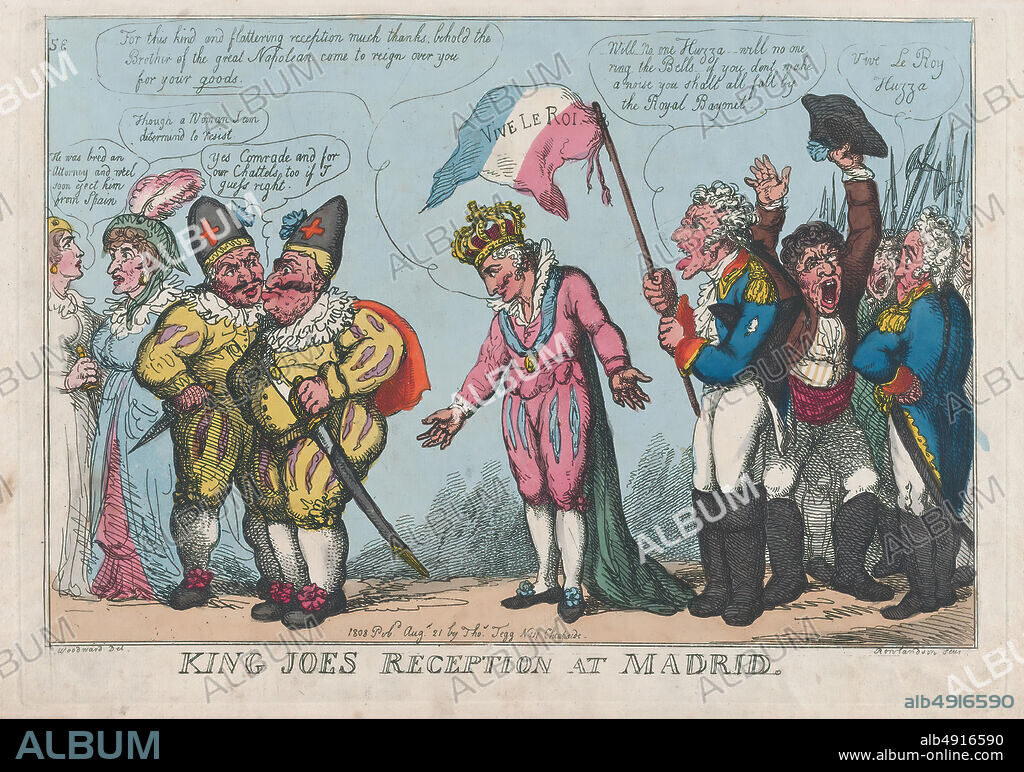 Thomas Rowlandson, King Joe's Reception at Madrid, Thomas Rowlandson (British, London 17571827 London), After George Moutard Woodward (British, ca. 17601809 London), Joseph Bonaparte (French, 17681844), August 21, 1808, Hand-colored etching, Sheet: 10 1/16 × 15 1/8 in. (25.5 × 38.4 cm), Plate: 9 5/8 × 13 5/8 in. (24.5 × 34.6 cm), Prints.
