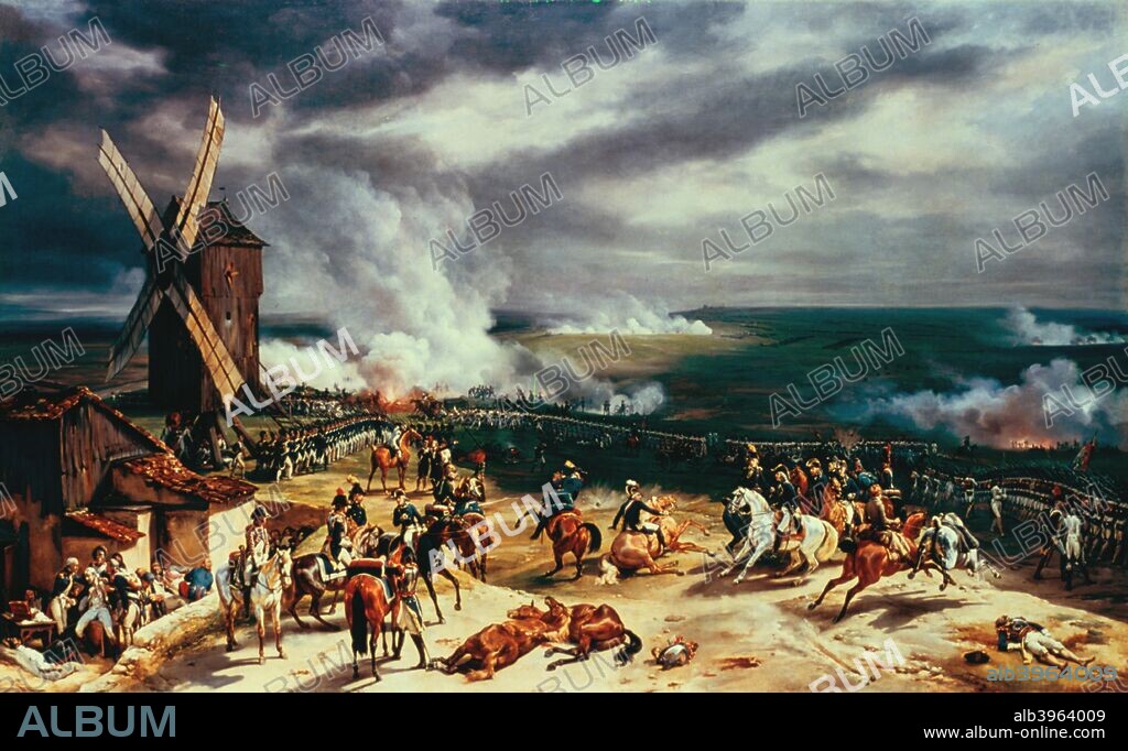 'The Battle of Valmy', 20 September, 1792, (1826). At this battle a mixture of French regulars and conscripts, under General Francois Kellerman, faced an army of Brunswick veterans. Although twice the number of the enemy, the French were unsure of the loyalty of the pre-revolution trained troops and the courage of the newcomers. The Duke of Brunswick's regulars, however, did not get to prove their superiority as excellent shelling from the highly skilled French artillery kept them at bay and eventually forced them from the field. Casualities for both sides were about 300 men. Part of the collection at The National Gallery, London.