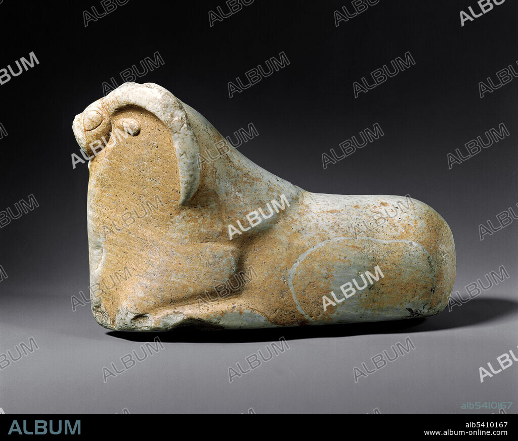 Mouflon sheep marble sculpture, 3rd-2nd millennium BC. This reclining figure of a mouflon (a type of wild sheep) dates from the Mature Harappan period of around 2600 to 1900 BC. It is from the Indus Valley region and culture. Mouflon are from the highland regions of the Near East. This sculpture is a combination of closed outline with a minimum of incised detail that is characteristic of animal sculpture this period at the site of Mohenjo Daro. The function of these animal sculptures is unknown. This object is part of the collections of the Metropolitan Museum of Art, New York City, USA.