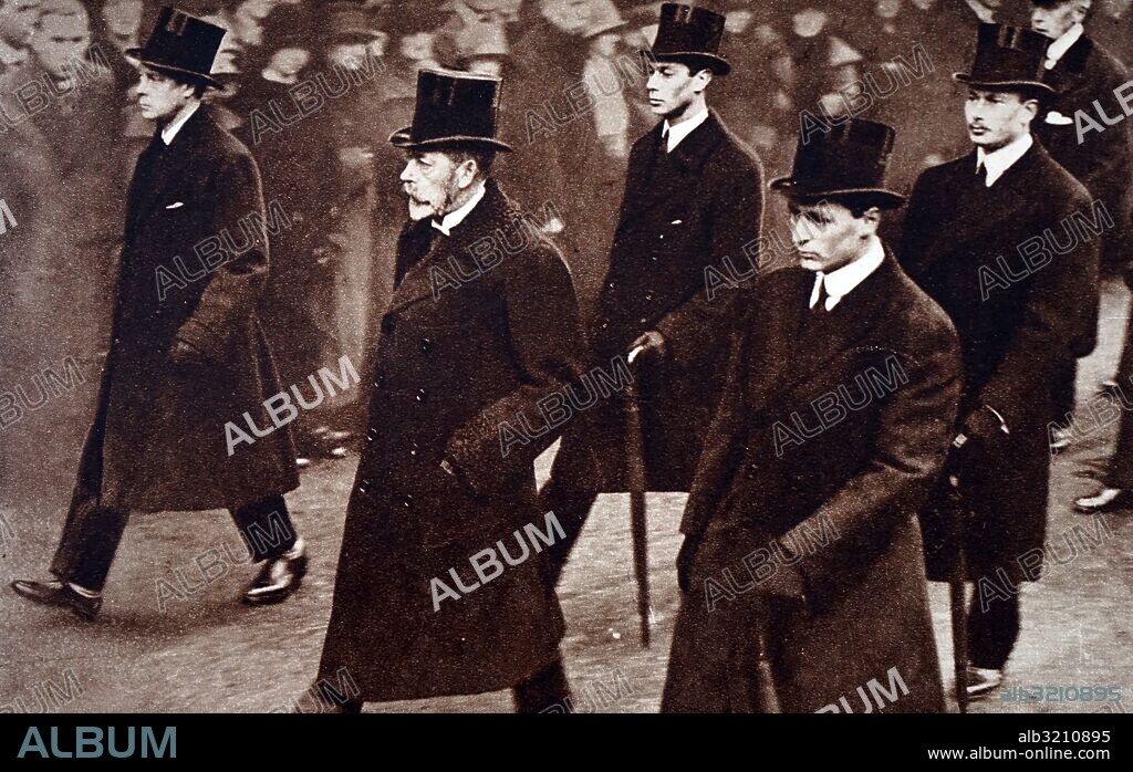 Photograph of the Funeral procession for Queen Alexandra of Denmark (1844-1925) to Westminster Abbey. Pictured: King George V (1865-1936), Edward, Prince of Wales (1894-1972), Crown Prince Olaf V of Norway (1903-1991), (1895-1952) and Prince Henry, Duke of Gloucester (1900-1974). Dated 20th Century.