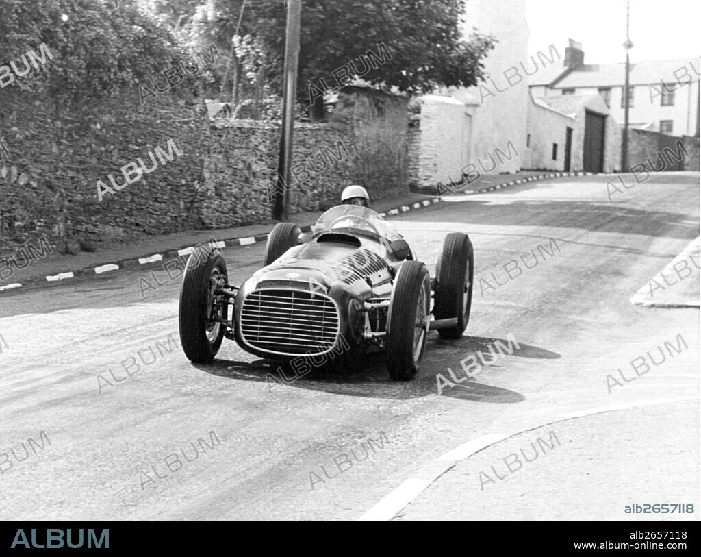 Reg Parnell in a BRM V16 racing on the Isle of Man, 1952.