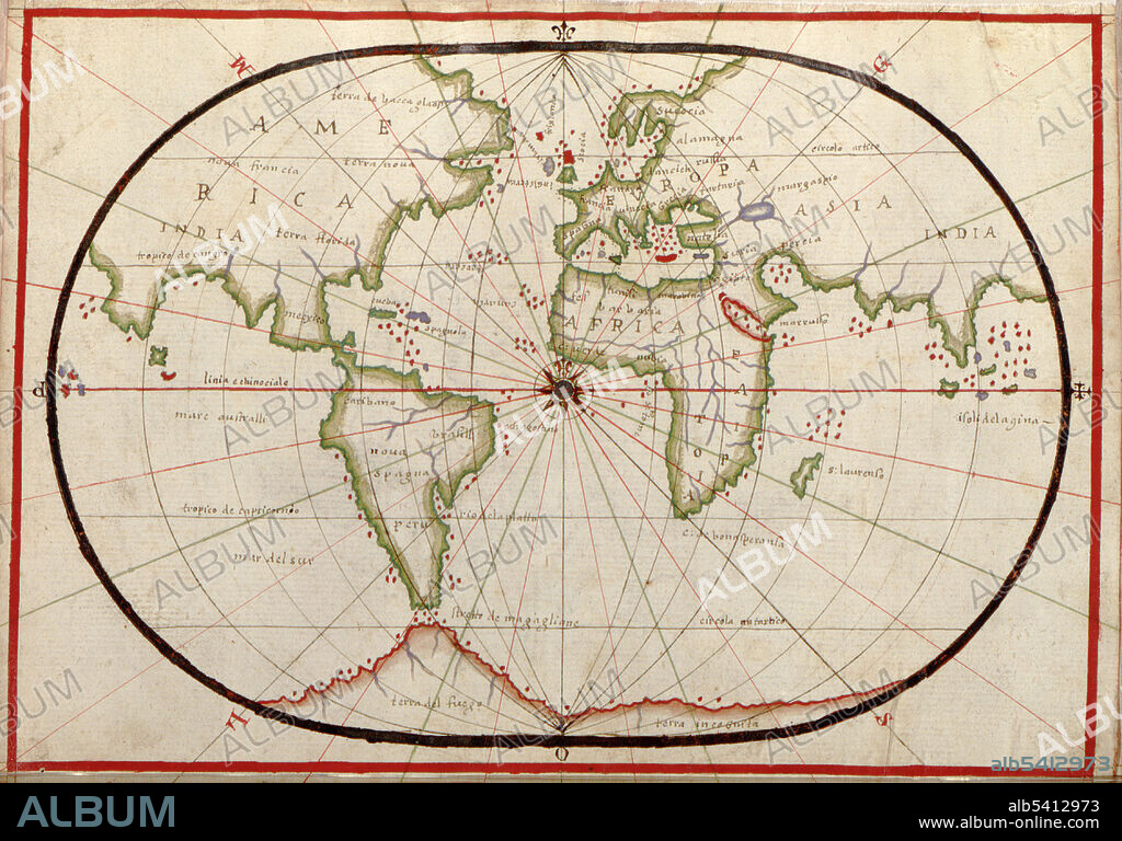 Portolan chart of world map. Portolan charts are navigational maps based on compass directions and estimated distances observed by the pilots at sea. They were first made in the 13th century in Italy, and later in Spain and Portugal, with later 15th and 16th century charts noted for their cartographic accuracy. With the advent of widespread competition among seagoing nations during the Age of Discovery, Portugal and Spain considered such maps to be state secrets. The English and Dutch, relative newcomers, found the description of Atlantic and Indian coastlines extremely valuable for their raiding, and later trading, ships. Attributed to Joan Oliva active 1580-1615. Joan Oliva was the most prolific member of a large family of Catalan chart makers. Charts signed by at least sixteen members of the Oliva family are recorded, with dates between 1538 and 1673.