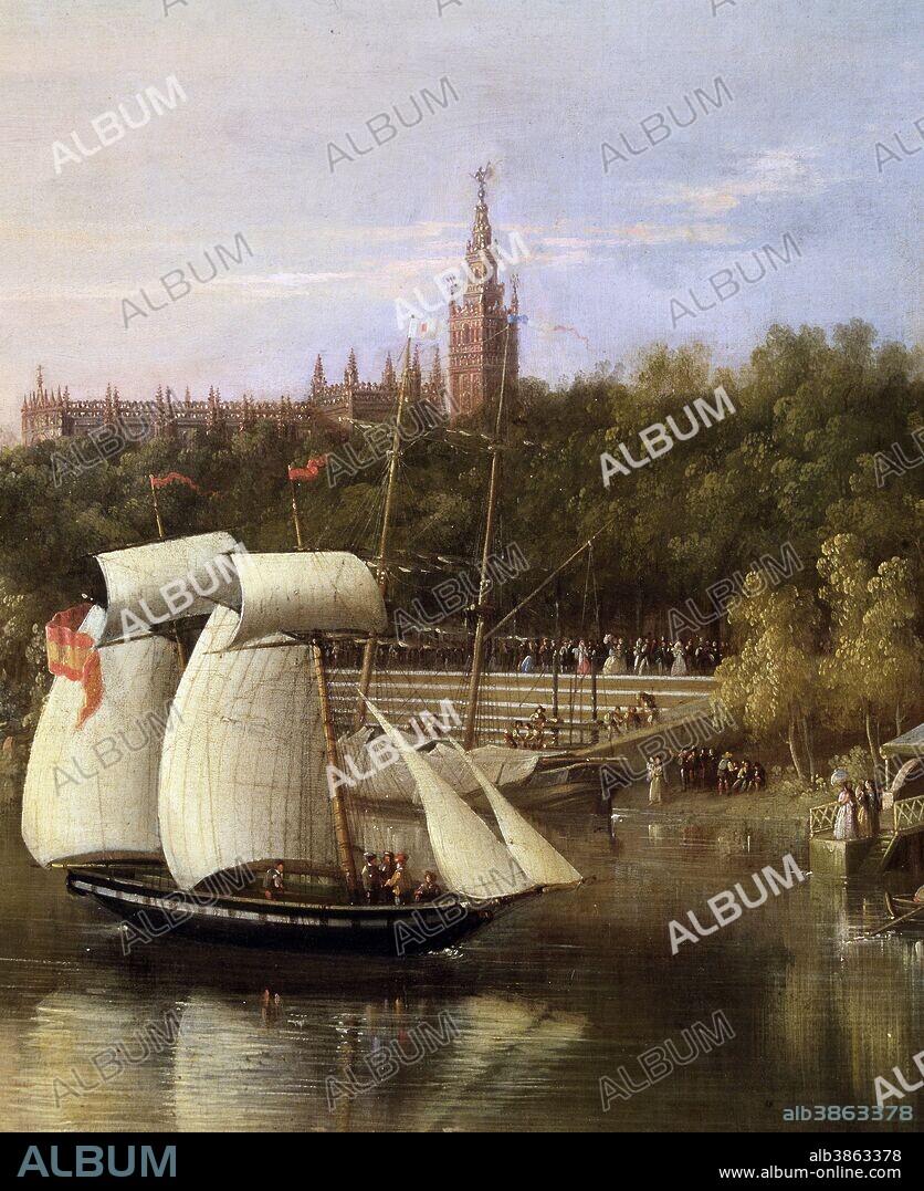 BARRON Y CARRILLO, MANUEL. PINTOR ESPAÑOL . SEVILLA 1814 - 1884. " EL GUADALQUIVIR EN SEVILLA " , DETALLE OLEO 1862. MUSEO BELLAS ARTES . LA HABANA. SEVILLA PINTADO.