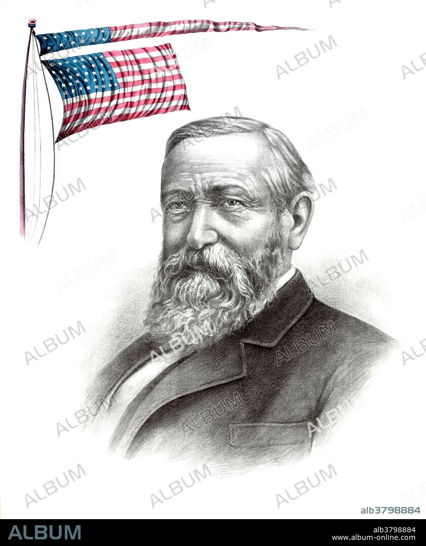 Lithograph entitled: Benjamin Harrison, Republican candidate for president. Benjamin Harrison (August 20, 1833 - March 13, 1901) was the 23rd President of the United States (1889-1893). During the American Civil War, he served the Union as a Brigadier General in the XX Corps of the Army of the Cumberland. Harrison, a Republican, was elected to the presidency in 1888, defeating the Democratic incumbent Grover Cleveland. His administration is remembered most for economic legislation, including the McKinley Tariff and the Sherman Antitrust Act, and for annual federal spending that reached one billion dollars for the first time. Defeated by Cleveland in his bid for re-election in 1892, Harrison returned to private life in Indianapolis. He died in 1901 from complications from influenza. He was 67 years old. He is to date the only U.S. president from Indiana and the only one to be the grandson of another president (William Henry Harrison, 9th American President).