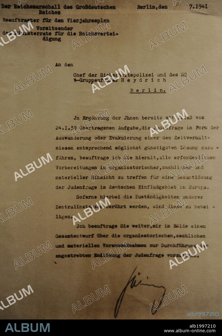 Nazi Document. Order of Hitler's deputy supreme commander of the Luftwaffe, Hermann Go_ring on measures needed for the final solution of the Jewish question. Berlin, July 31, 1941.