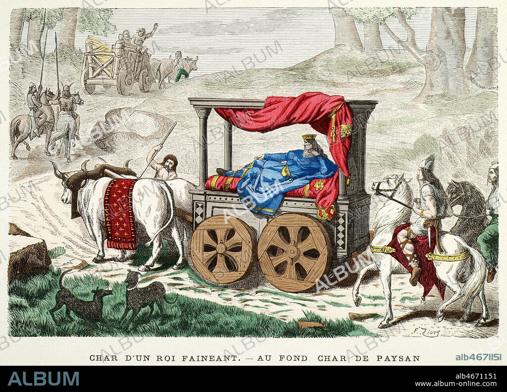 'Char d'un roi faineant. Au fond char de paysan'. Illustration de RENARD A. tiree de l'ouvrage Costumes de Paris a travers les siecles vers 1880. Credit : Collection KHARBINE-TAPABOR.