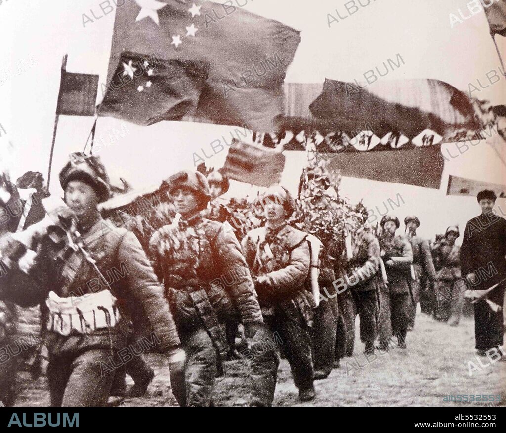 Chinese forces entering the Korean War, between North Korea and South Korea from 25 June 1950 to 27 July 1953. It began as an attempt by North Korean supreme leader Kim Il-sung to unify Korea under his communist regime through military force. Two powers entered the war, with the United States under President Truman fighting alongside the South and the newly established People's Republic of China fighting alongside the North.