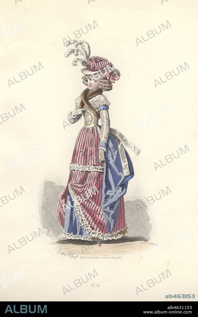 Woman in tricolor outfit: red and white striped bonnet and dress, blue sash and petticoat, white fichu, ribbons and frills.. Era of Marie Antoinette. Handcolored engraving by A. Lacourriere after an illustration by Francois-Claudius Compte-Calix from Costume de lEpoque de Louis XVI. Paris, 1869.