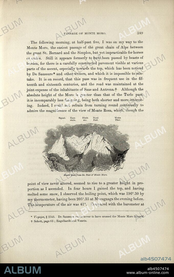 Monte Rosa from the Pass of Monte Moro, Monte Rosa Massif seen from Monte Nero Pass, p. 349, 1843, James David Forbes: Travels through the alps of Savoy and other parts of the Pennine Chain with observations of the phenomena of glacier. Edinburgh: Adam and Charles Black, 1843.