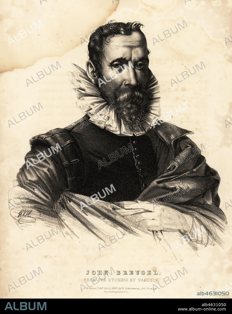 Jan Brueghel the Elder, Flemish painter 1568-1625. From an etching by Anthony van Dyck.Lithograph after a drawing by HVH from Portraits of the most celebrated painters of all the schools, Ackermann, London, 1827.