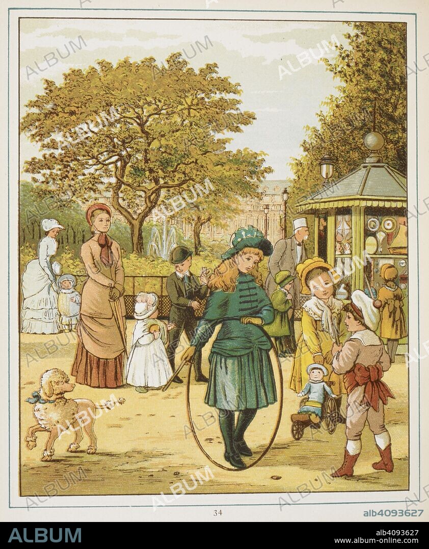 THOMAS CRANE und ELLEN HOUGHTON. Children playing and talking. A girl is holding a hoop. A poodle watches them. Colour Illustration from â€˜Abroadâ€™. Abroad. Marcus Ward & Co.: London, 1882. Source: 12810.d.28 page 34. Language: English.