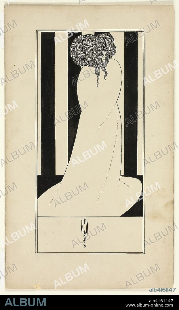 IMITATOR OF AUBREY VINCENT BEARDSLEY. Woman Against Striped Wallpaper. Aubrey Vincent Beardsley, imitator of; English, 1872-1898. Date: 1892-1898. Dimensions: 268 × 160 mm. Pen and brush and black ink, over traces of graphite, on buff wove paper, laid down on board. Origin: England.