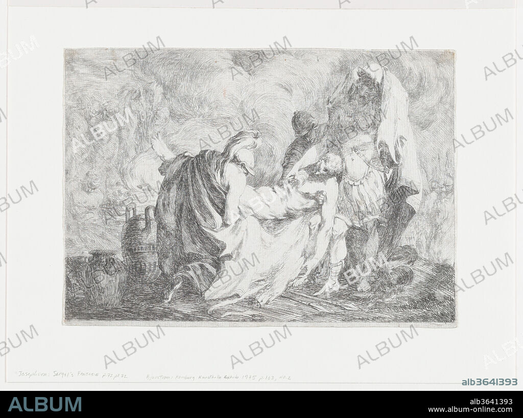 Patroclus being carried to his funeral pyre as Achilles places a lock of hair on the body. Artist: Johann Tobias Sergel (Swedish, Stockholm 1740-1814 Stockholm). Dimensions: Sheet (Trimmed): 7 5/8 × 10 13/16 in. (19.3 × 27.4 cm). Date: ca. 1766.