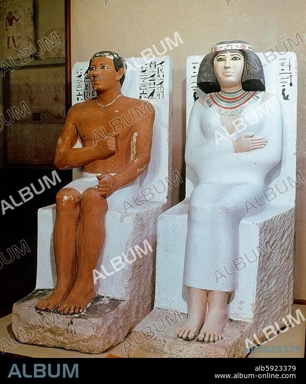 Statues of Prince Rahotep and his wife Nofret. Nofret's jewellery, costume and wig are vividly portrayed. Country of Origin: Egypt Culture: Ancient Egyptian. Date / Period: 4th dynasty - c. 2613 - 2494 BC. Place of Origin: Maidum. Material Size: Painted lime (..).