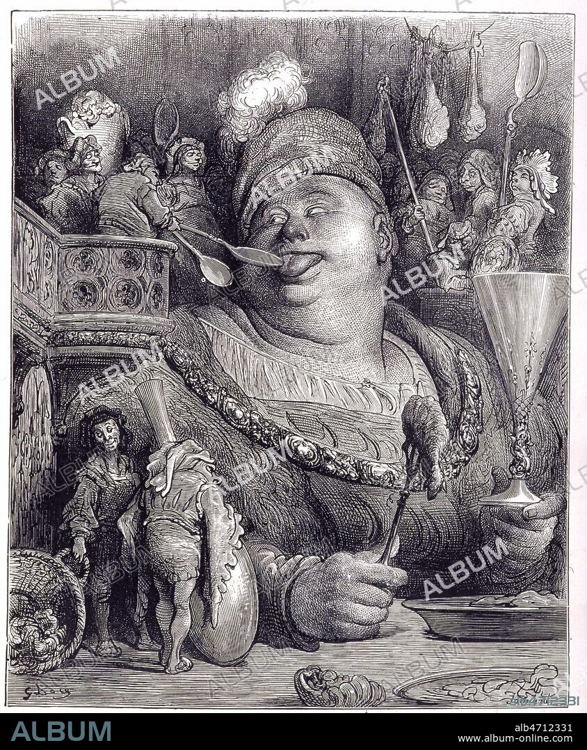 Le repas de Gargantua. Cependant quatre de ses gens lui jettaient dans la bouche continellement de la moutarde. Illustration de Gustave DORE (1832-1883) pour La vie tres horrifique du Grand Gargantua tiree de l'ouvrage Oeuvres de Francois RABELAIS (1483-1553). (Livre 1, Chapitre XXI). Edition de 1873. Credit : Collection KHARBINE-TAPABOR.