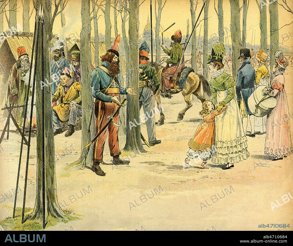 Les cosaques aux Champs-Elysees (occupation de la France apres la chute de Napoleon 1er par les soldats cosaques de Alexandre 1er, de tres mauvaise reputation. Les parisiens viennent observer ces hommes comme un spectacle vivant). Illustration vers 1907 de 1899 par JOB (1858-1931) pour Les trois couleurs (France son histoire) de Georges MONTORGUEIL (1857-1933). Credit : Coll. Jonas/KHARBINE-TAPABOR.