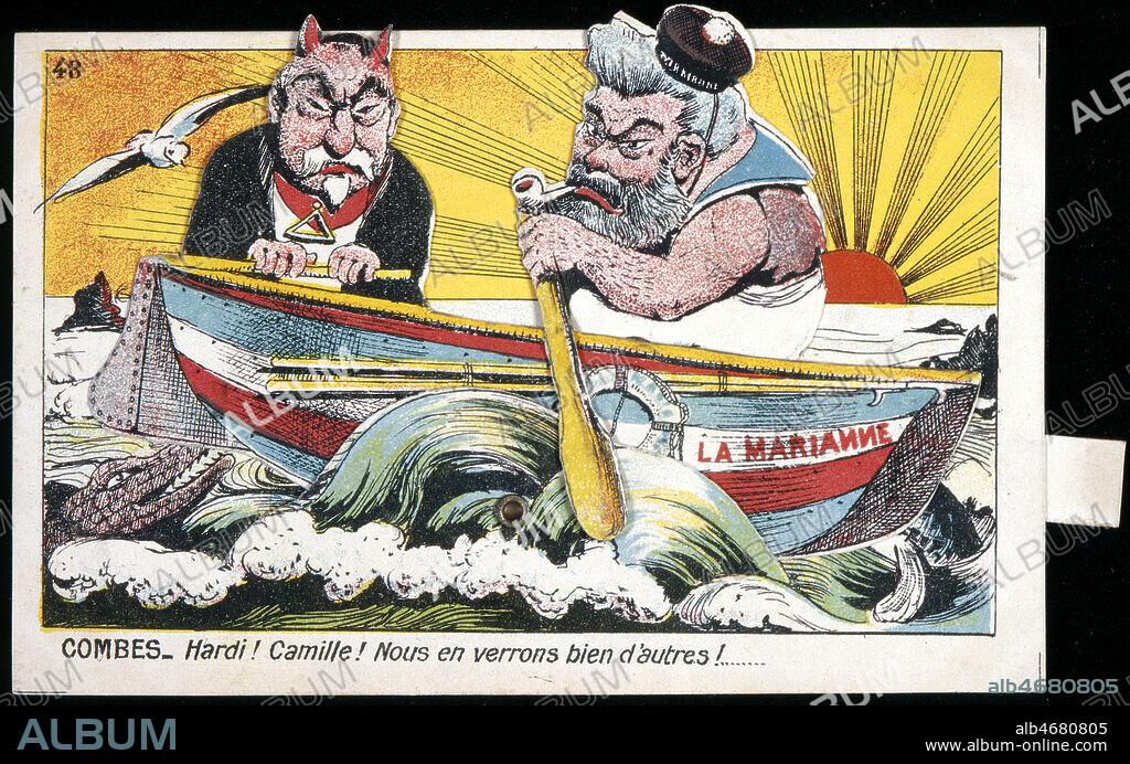 'Combes : Hardi, Camille, nous en verrons bien d'autres!' Emile COMBES avec des attributs maconniques, dans un bateau avec Camille Pelletan, ministre de la Marine, qui rame. Caricature a propos de l'Affaire des Fiches : Scandale politique financier qui contribua a la demission du ministere Combes: le general Andre, ministre de la guerre organise un service occulte de renseignements sur les opinions politiques et religieuses des officiers, afin d'en tenir compte pour leur avancement. Ces fiches lui etaient fournies par le Grand Orient de France. Denonce a la Chambre en octobre 1904, le general Andre fut contraint de demissionner le 15 novembre et le ministere Combes tomba le 19 janvier 1905. Carte postale humoristique en 1905. Credit Collection Kharbine Tapabor.