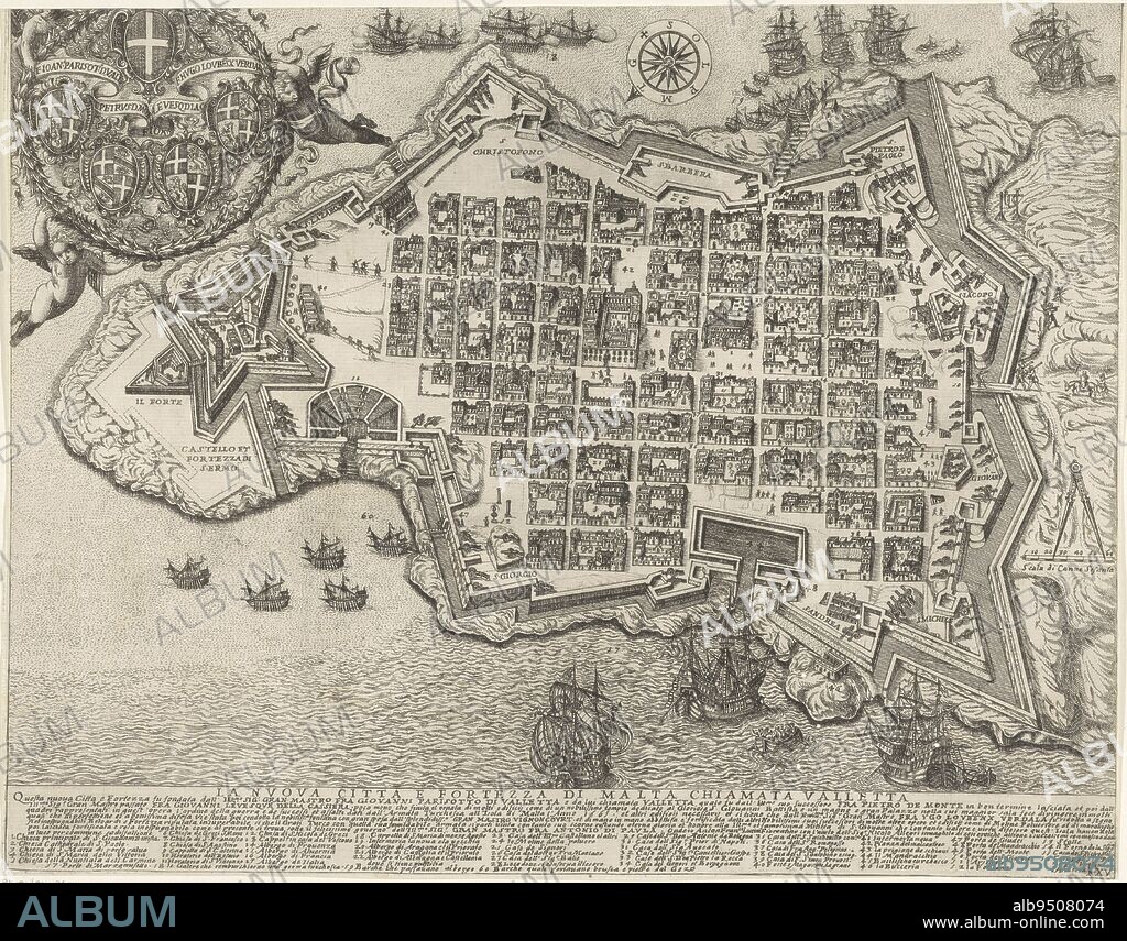 Valletta, Antonio Francesco Lucini, 1665, Bird's eye view of Valletta, the capital of Malta. The city was built after the Turkish invasion of Malta in 1565. Top left, three putti bearing a cartouche with five coats of arms. Italian text and explanatory list of numbers in lower margin. Numbered at lower right: Fo. XV., print maker: Antonio Francesco Lucini, publisher: Nicolo Allegri, print maker: Italy, publisher: Rome, 1665, paper, etching, h 338 mm × w 430 mm.