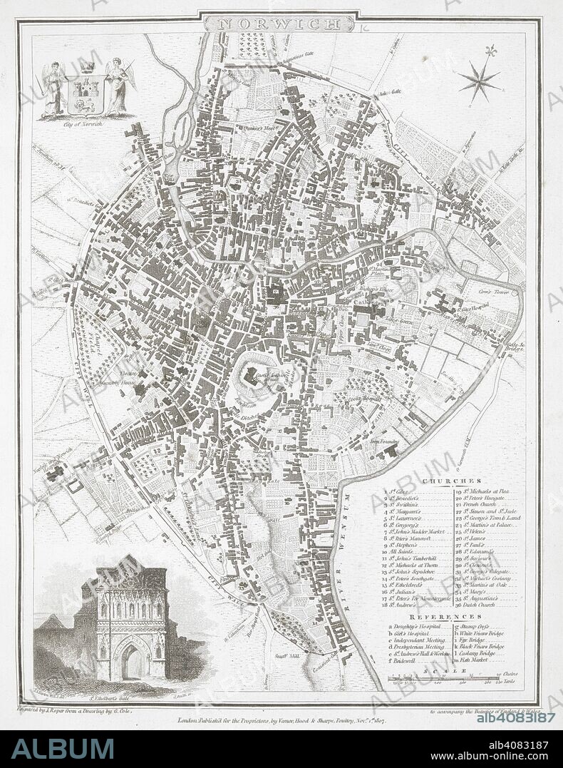 A plan of Norwich. Norwich. Scale, 20 chains[ = 38 mm.] ... Engraved by J. Roper from a drawing by G. Cole ... 1807. London : Vernor, Hood, and Sharpe, 1810. Source: Maps 11.b.3, page 77. Language: English.