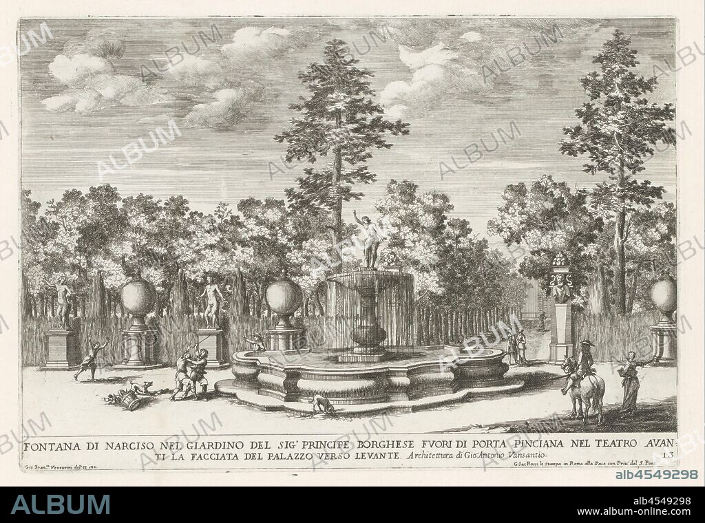 Fountain of Narcissus in the Villa Borghese in Rome Fontana di Narciso nel giardino del sig 'principle Borghese (...) (title on object) Le fontane ne palazzi and ne giardini di Roma (series title ) Fountains in the palaces and gardens of Rome (series title), Numbered lower right: 13. The print is part of an album, ornamental fountain, piece of sculpture, reproduction of a piece of sculpture, Villa Borghese, Rome, Giovanni Francesco Venturini (mentioned on object), 1653 - 1691, paper, etching, h 212 mm × w 310 mm.