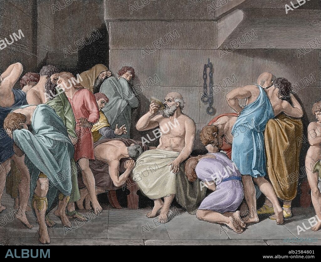 Socrates (c.469-399 BC). Classical Greek philosopher. The Death of Socrates. He was sentenced to die by drinking poison hemlock. Engraving. 19th century. Colored.