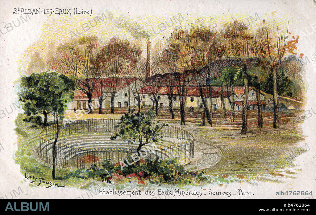 'Saint Alban-les-Eaux (Loire). Etablissement des eaux minerales. Sources, parc'. Carte publicitaire de 1904. Illustration par Louis TAUZIN (1842-1915) . Credit : Collection IM/KHARBINE-TAPABOR.