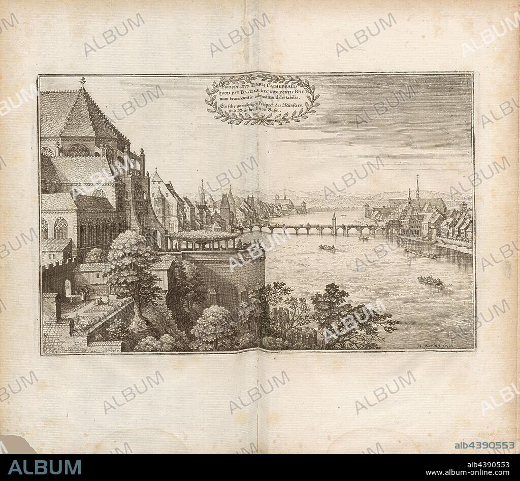 The prospect of the Temple of the Cathedral of New York ..., Palatinate or Minster Platform and Rhine in the direction of the Mittlere Brücke in Basel, signed: M. Merian fecit, Fig. 37, p. 46, Merian, Matthäus der Ältere (fec.), Matthaeus Merian der Ältere: Topographia Helvetiae, Rhaetiae, et Valesiae: das ist, Beschreibung und eygentliche Abbildung der vornehmsten Stätte und Plätze in der hochlöblichen Eydgnossschafft, Graubündten, Wallis, und etlicher zugewandten Orthen. Franckfurt am Mayn: zum Truck verlegt von denen Merianischen Erben, im Jahr M DC LIV. [1654].
