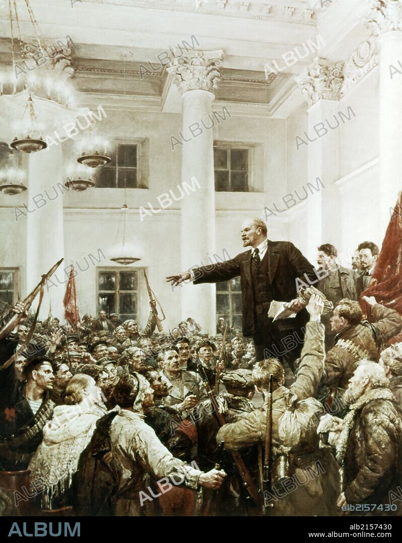 Lenin declaring soviet power' by v, serov, this is the second version of this painting with stalin, sverdlov, and dzerzhinsky added.