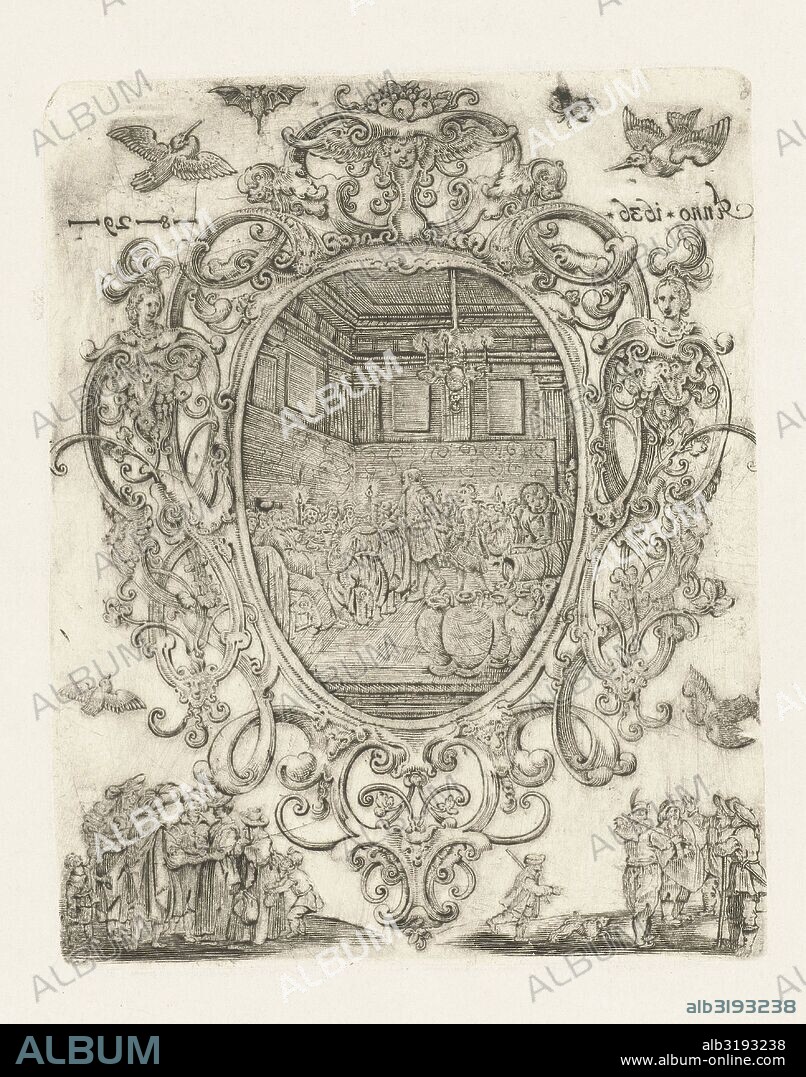Cartouche with heads, cherubs and masks, Hans Janssen, print maker: Anonymous, c. 1800 - c. 1900.