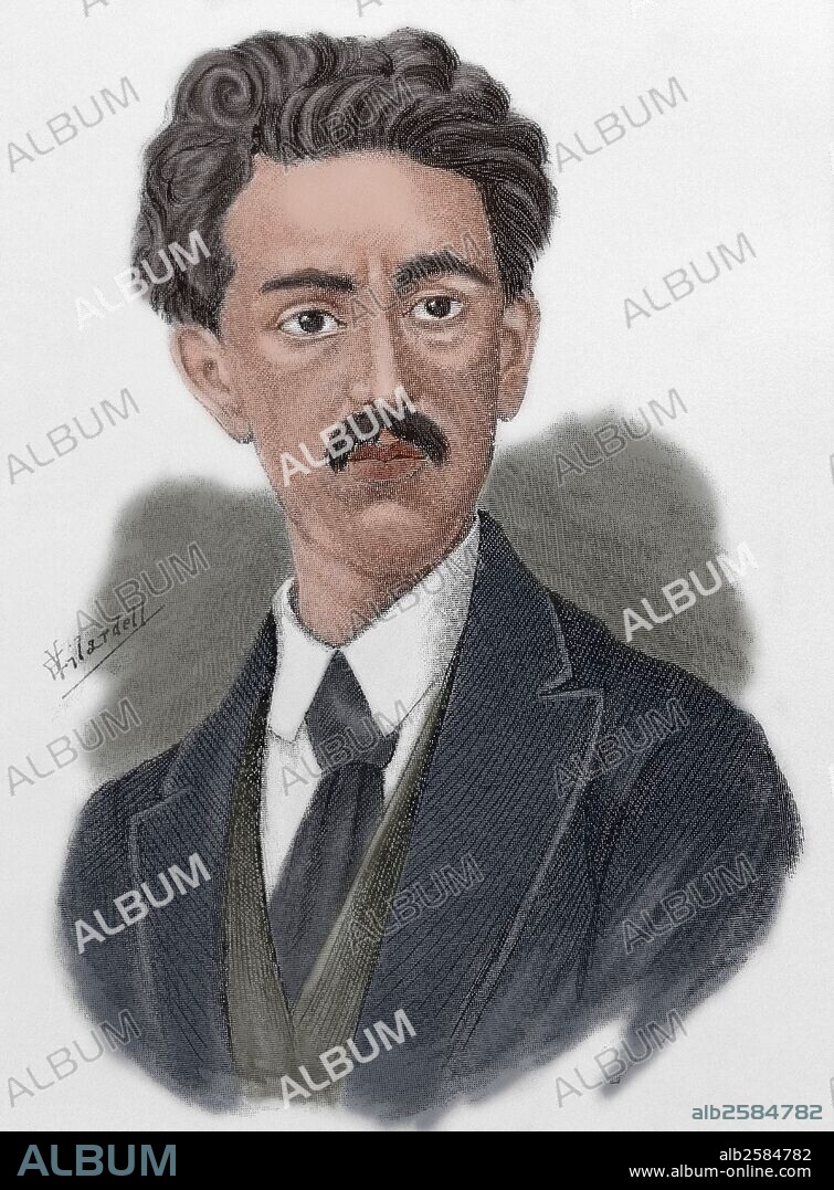 Manuel Acuna Narro (1849-1873). Mexican writer. Engraving by E. Vilardell. Colored.
