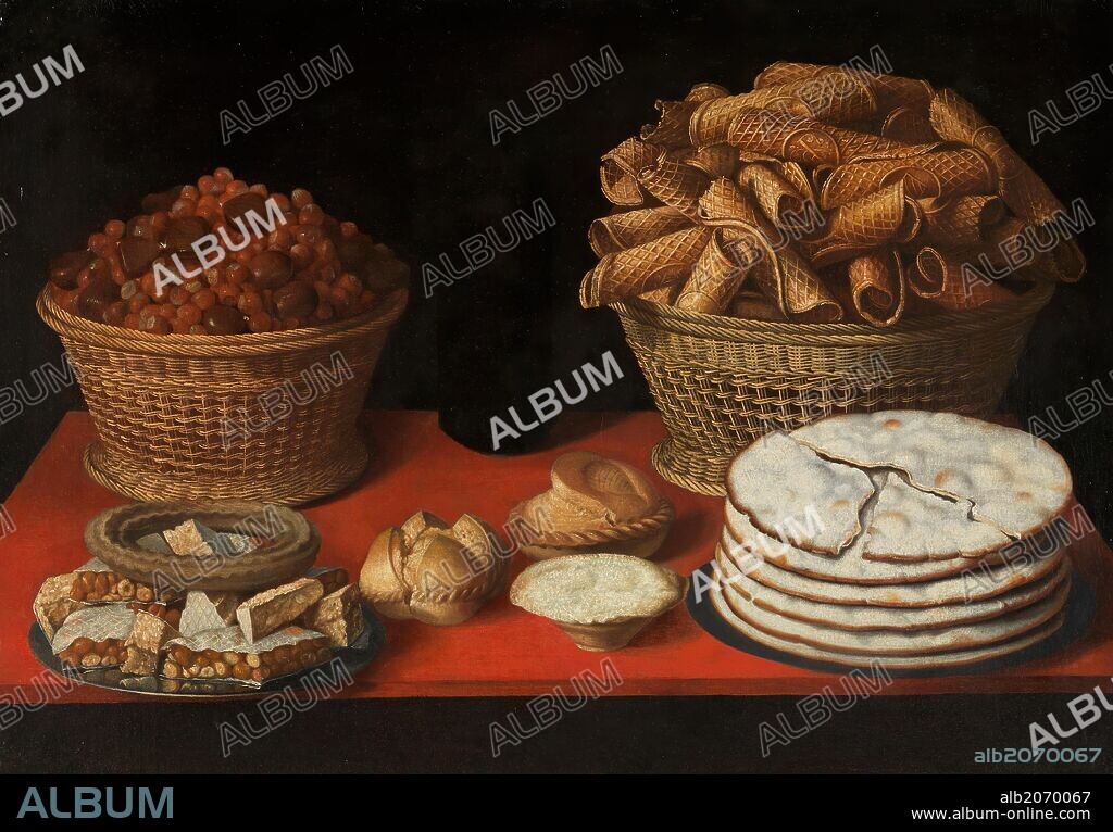 TOMÁS YEPES. Tomás Hiepes / 'Dulces y frutos secos sobre una mesa', Primer tercio del siglo XVII, Escuela Española, Óleo sobre Lienzo, 66 cm x 95 cm, P07914.