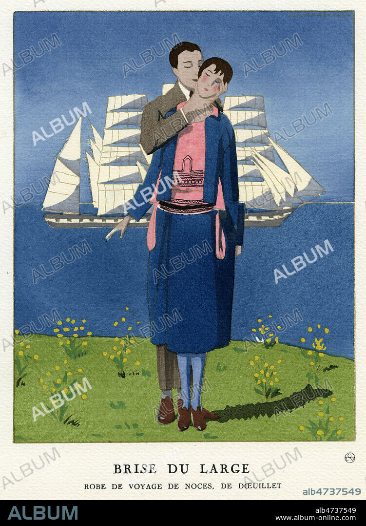 'Brise du large. Robe de voyage de noce de Doeuillet'. Couple en bord de mer, devant un voilier. Illustration anonyme tiree de la Gazette du Bon Ton n°2 fevrier 1921, pl 16. Credit : Collection IM/KHARBINE-TAPABOR.