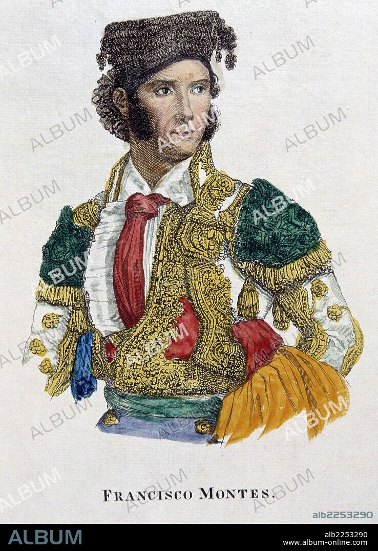 PAQUIRO. FRANCISCO MONTES. MATADOR DE TOROS ESPAÑOL. CHICLANA 1805 - 1845. GRABADO COLOREADO.