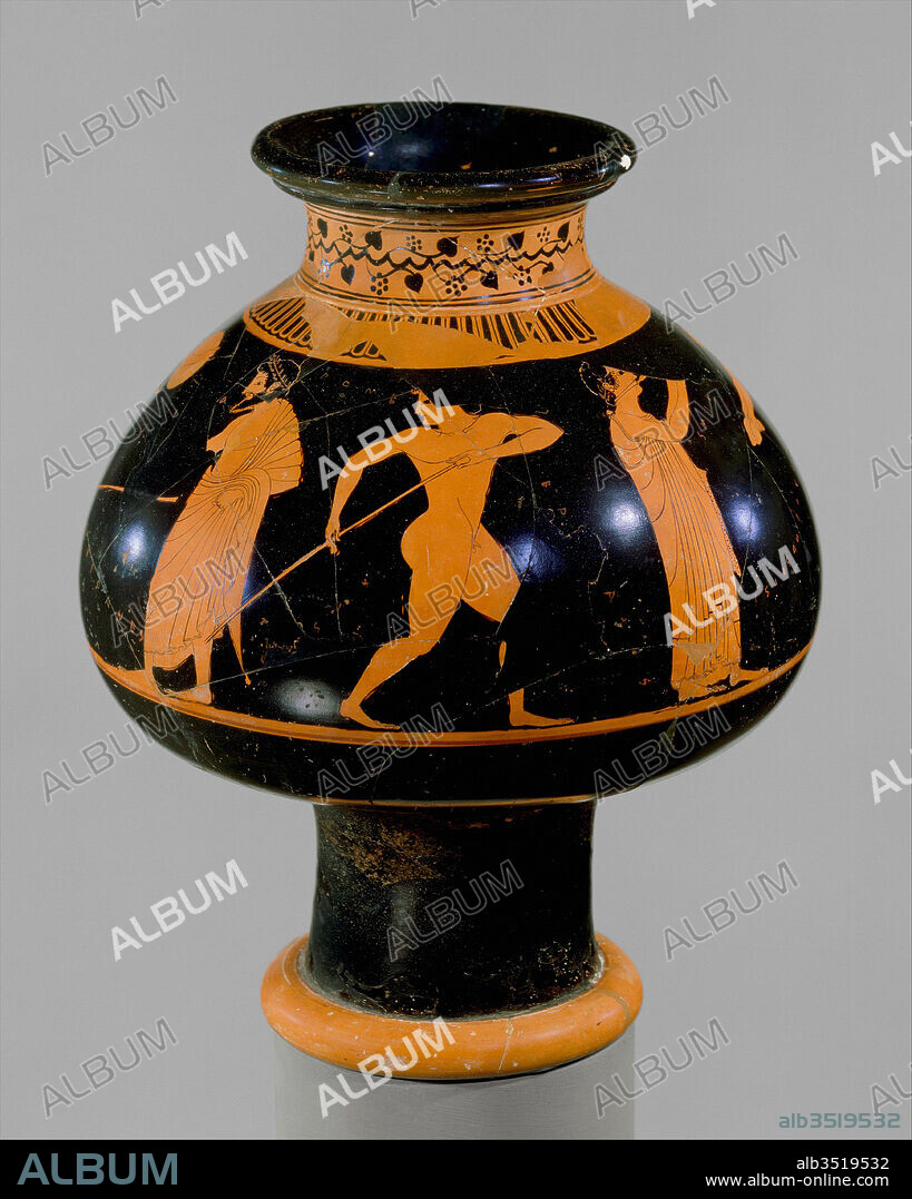 Psykter fragments, Archaic, ca. 520–510 B.C., Greek, Attic, Terracotta; red-figure, 2 3/8in. (6cm), Vases, Two adjacent fragments; head and shoulder of a bearded man., These fragments adjoin whose description is the following: The name of each figure is inscribed: the flute player, Smikythos; the diskos thrower, Antiphanes, and his trainer, Antimenes; the broad jumper, Dorotheos ('he is going to jump'); the javelin thrower, Batrrachos; Kleainethos, the judge crowning the boy fair Epainetos, and his trainer, Alketes.