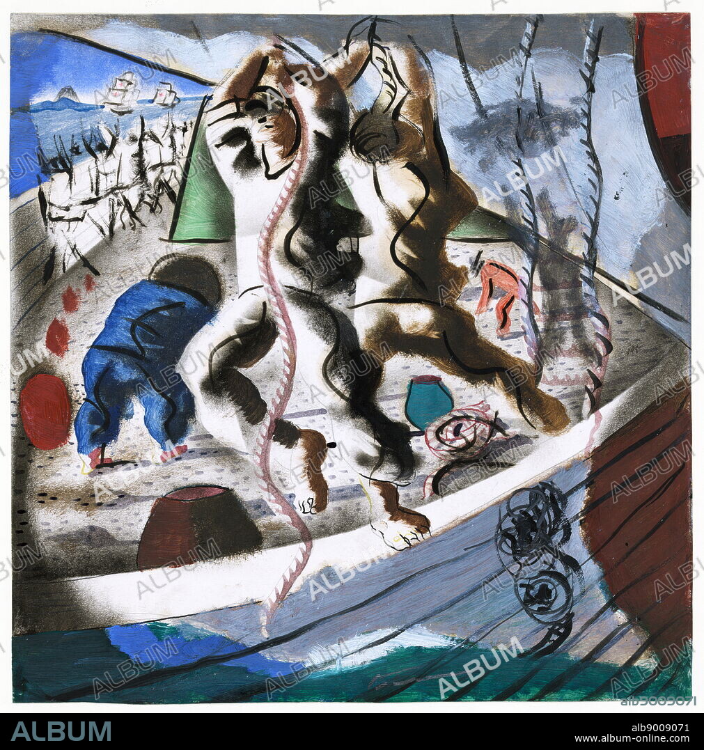 CANDIDO PORTINARI. Preparatory drawing for 'Discovery of the Land' mural at the Hispanic Division in the Library of Congress. Washington DC. By Cândido Portinari, 1903-1962, artist 1941. drawing in pastel, gouache and ink. Drawing shows several men on board ship, two pulling on ropes.