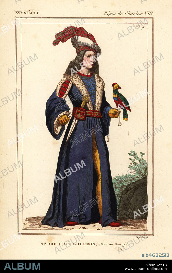 Pierre II de Bourbon, Sire de Beaujeu, Peter II of Bourbon, Regent of France 1438-1503. Handcoloured lithograph after a manuscript miniature in Roger de Gaignieres' portfolio VII 56 and 91 from Le Bibliophile Jacob aka Paul Lacroix's Costumes Historiques de la France (Historical Costumes of France), Administration de Librairie, Paris, 1852.
