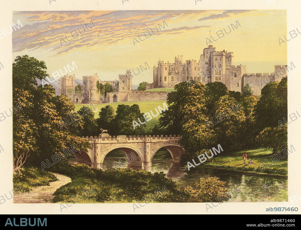 Alnwick Castle, bridge and moat, Northumberland, England. Norman castle built in 1096, renovated in the 18th century by Robert Adam and James Paine with landscaped grounds by Capability Brown, and again in the 19th century by Anthony Savin and Luigi Canina for Algernon Percy, 4th Duke of Northumberland. Colour woodblock by Benjamin Fawcett in the Baxter process of an illustration by Alexander Francis Lydon from Reverend Francis Orpen Morriss Picturesque Views of the Seats of Noblemen and Gentlemen of Great Britain and Ireland, William Mackenzie, London, 1880.