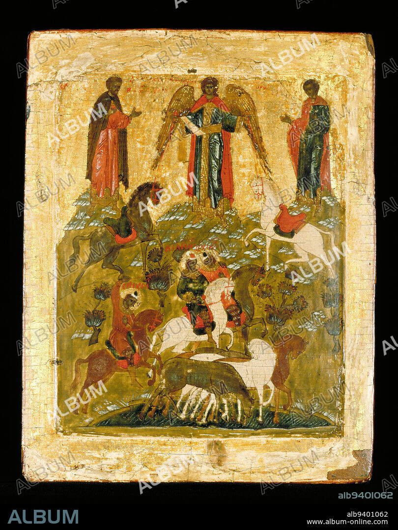 Icon: The Archangel Michael Blessing the Martyred Saints Florus and Laurus of Dalmatia, 1450-1500, Unknown Russan (Novgorod), 11 x 8 1/2 x 1 1/4 in. (27.9 x 21.6 x 3.2 cm), Tempera and gold leaf on panel, Russia, 15th-16th century.