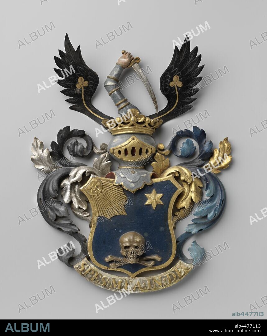 Family crest of the genus De Friderici, A polychrome decorated wooden and metal family crest of the genus De Friderici, Suriname, anonymous, 1700 - 1800, wood (plant material), metal, h 32 cm × w 25 cm.