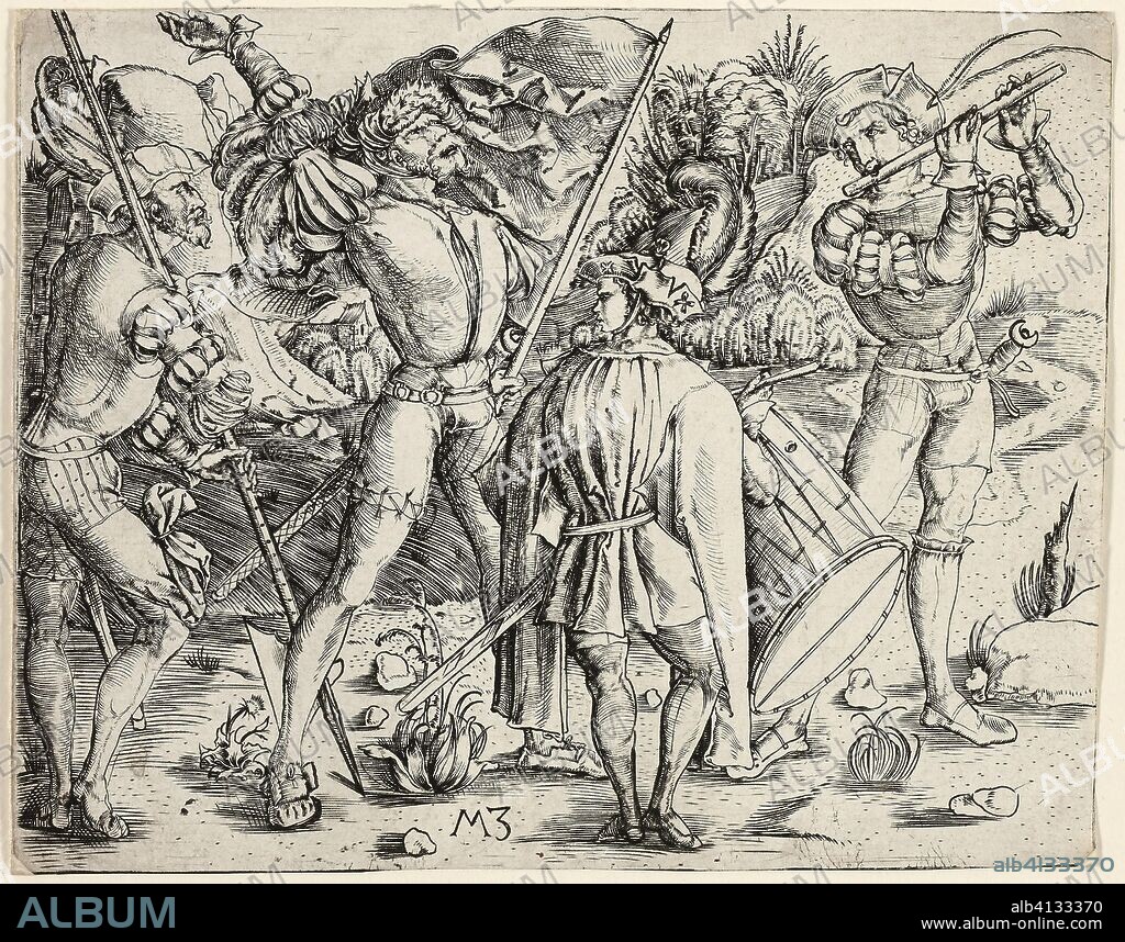MASTER M. Z.. The Warriors. Master M.Z.; German, active 1500-1550. Date: 1495-1505. Dimensions: 123 × 153 mm (sheet trimmed within plate mark). Engraving in black on ivory laid paper. Origin: Germany.