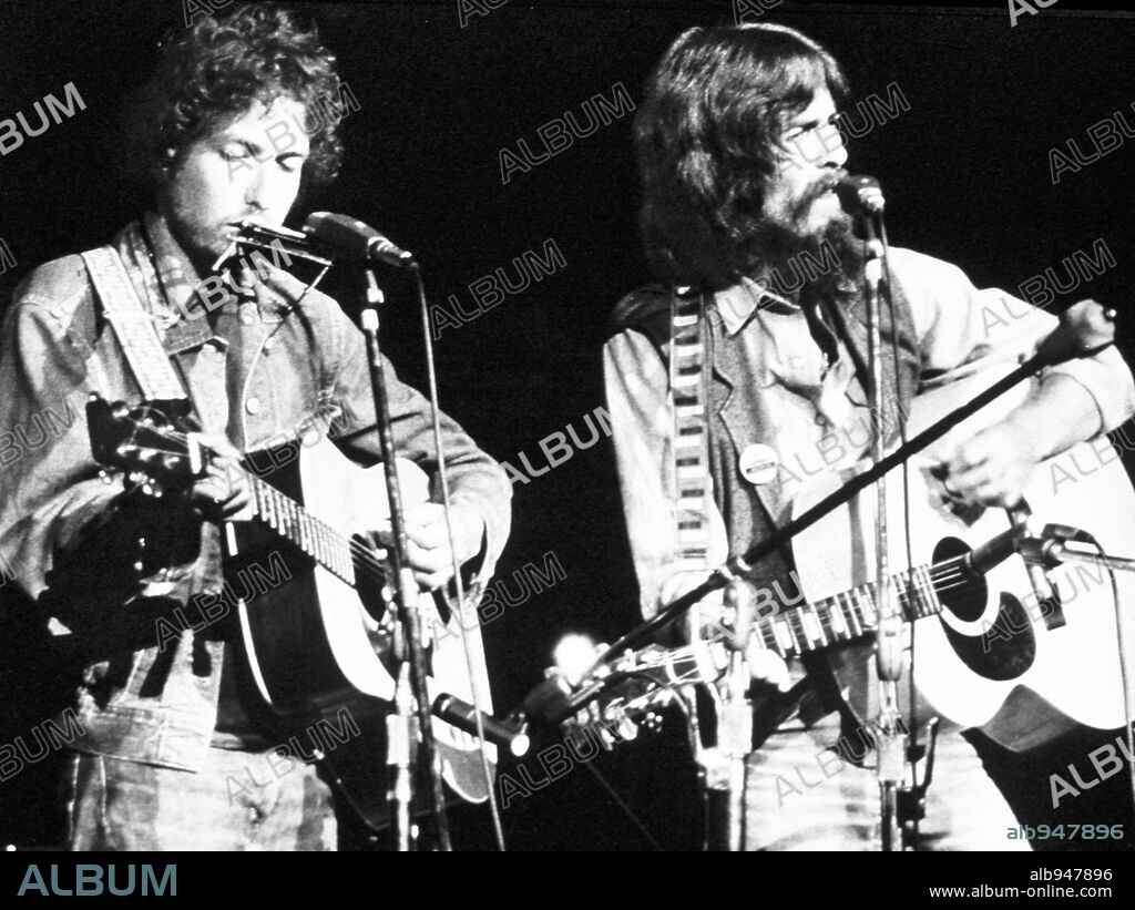 Bob Dylan & George Harrison performing at the concert for Bangladesh, 1971.