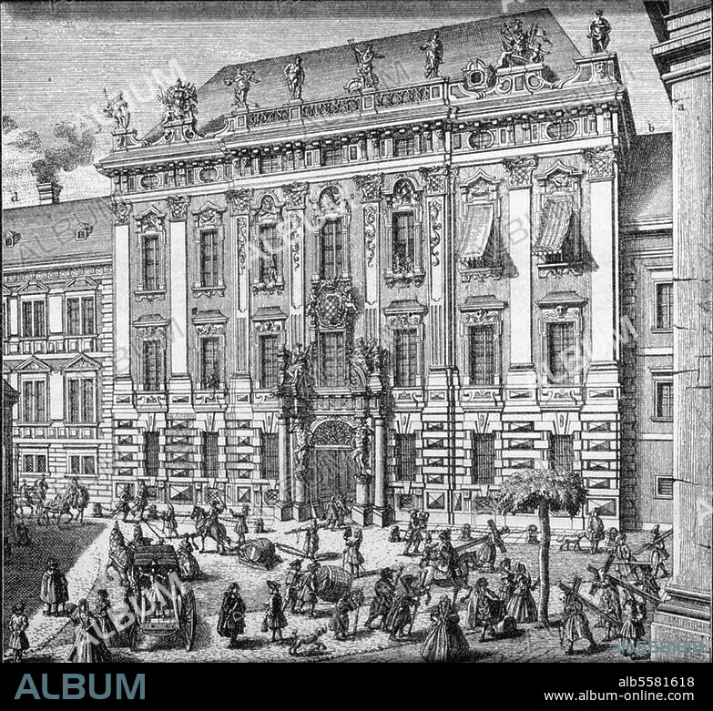 Wien, Palais Daun-Kinsky / Freyung Nr. 4. (1713-16 für den Grafen Philipp Daun errichtet von Lukas von Hildebrandt). Außenansicht. Kupferstich, 1733, von Johann August Corvinus (1683-1738) nach Zeichnung von Salomon Kleiner (1703-1761).